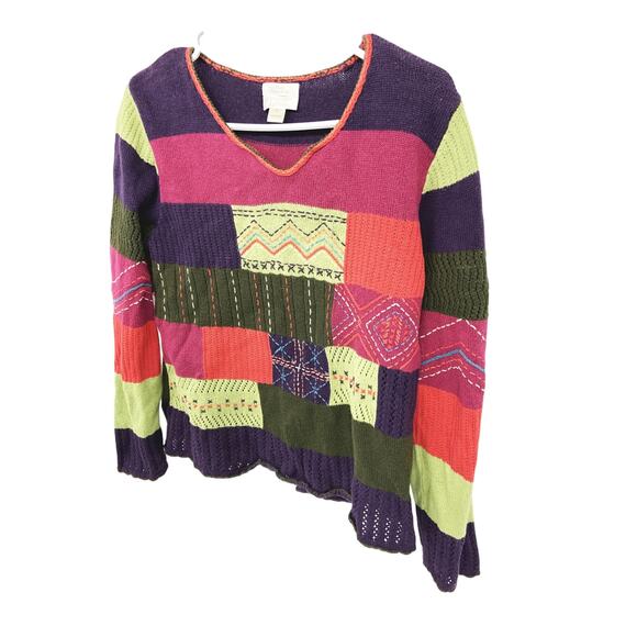 Christopher & Banks Multicolor Patchwork V-Neck Sweater Size L Grandmacore - Picture 2 of 6